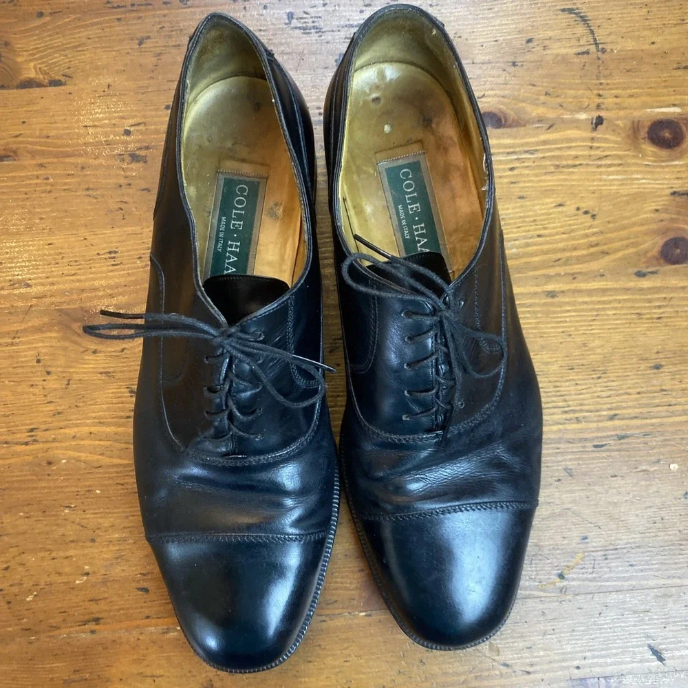Cole Haan Dress Shoes Men's 10.5 D Black Leather Lace-up Cap-Toe Oxford Italy‎